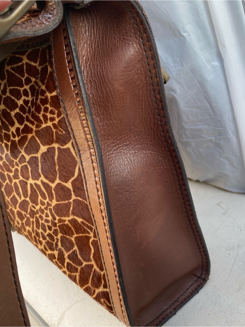 FOSSIL vintage revival reissue brown leather calfhair giraffe satchel bag purse - Picture 10 of 16